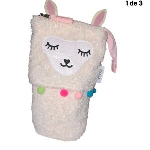Yoobi Plush Llama Cup Sleeve in Light Pink with Multicolor Pom Poms
